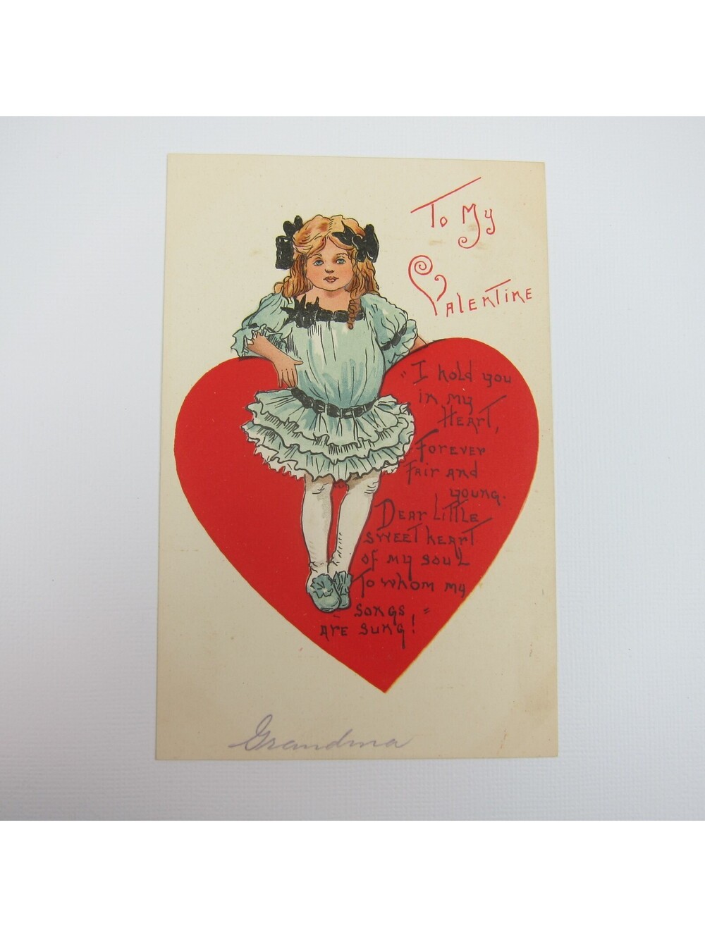 Postcard Valentine Greeting Blonde Girl Blue Dress Red Heart Embossed Antique